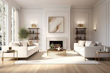 Fototapeta na wymiar Contemporary Elegance Spacious Living Room with White Empty Wall, Hardwood Floors, Designer Furniture, and Cozy Fluffy Rug. created with Generative AI