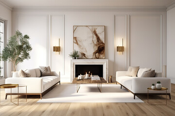 Contemporary Elegance Spacious Living Room with White Empty Wall, Hardwood Floors, Designer Furniture, and Cozy Fluffy Rug. created with Generative AI