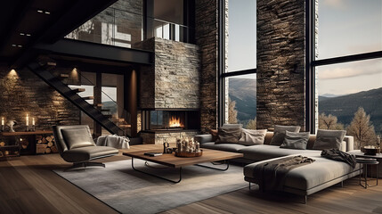 Fototapeta premium Luxurious Urban Retreat Interior of a Living Room in a Penthouse Loft with Dark Stone Walls and Gleaming Hardwood Floors. created with Generative AI
