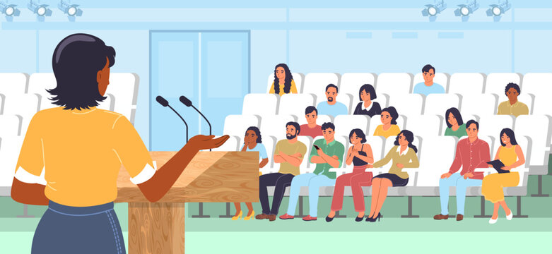 Conference vector illustration with woman speaker character