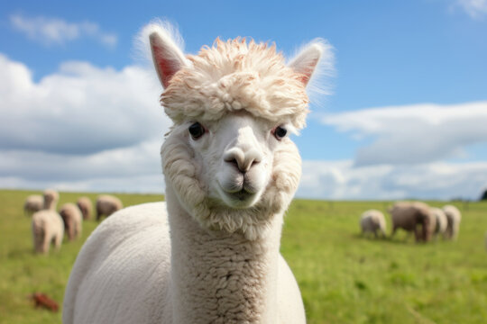 Close up of white alpaca looking straight ahead in the beautiful green meadow. AI generated