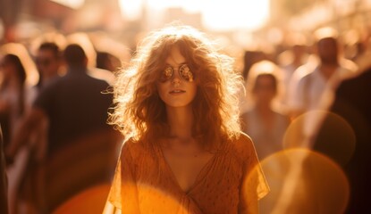 Fototapeta premium A Woman Walking in Front of a Crowd of People with Romantic Flair AI Generated