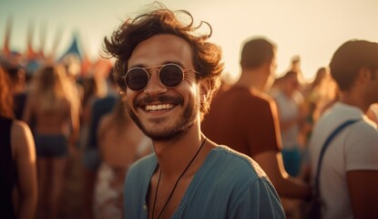Young Man Smiling in a Music Festival Crowd AI Generated