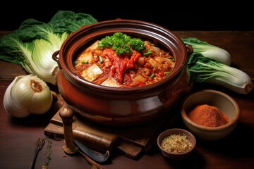 traditional korean earthenware pot with kimchi ingredients