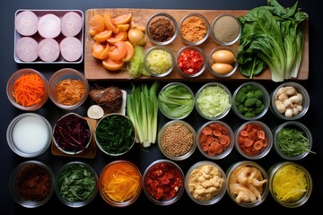 ingredients for kimchi organized neatly and labeled