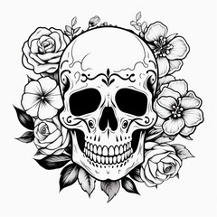 Black and White Skull with Flowers Coloring Page AI Generated