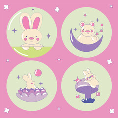 Obraz na płótnie Canvas Cute pink and green stickers Bear and Bunny