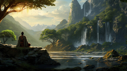 Zen Harmony: Meditating Monk in Japanese Riverside Landscape
