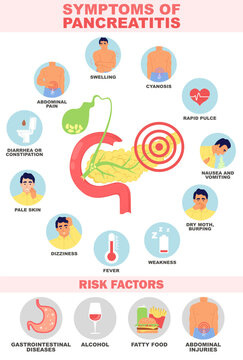 Symptom and risk factors of pancreatitis vector illustration