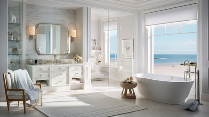 Fototapeta na wymiar white bathroom with a mirror on the wall and a view of the open sea