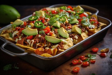 nachos arranged in layers with toppings in a casserole dish