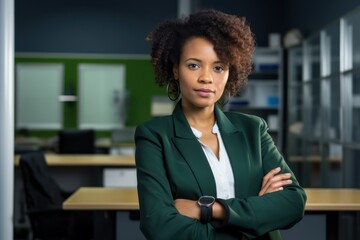 Confident Young Black Businesswoman Standing with Crossed Arms in Office AI Generated