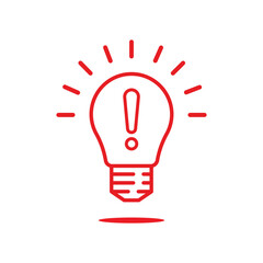 thin line red lightbulb with exclamation point. concept of think outside the box or did you know. stroke linear simple trend modern non efficient logotype design element isolated on white background