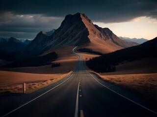 Paisaje de una carretera solitaria entre montañas, al atardecer o amanecer. Vista de frente y de cerca. Copy space. IA Generativa 