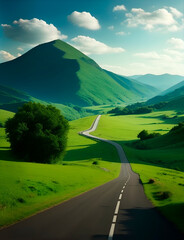 Paisaje de una carretera solitaria entre montañas verdes. Vista de frente y de cerca. Copy space. IA Generativa 