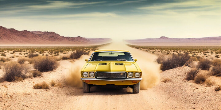 Muscle Car's High-Speed Chase on a Dusty Desert Road