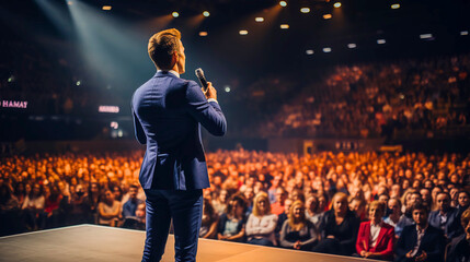 A motivational speaker stands confidently in the middle of the stage during a conference. Capturing the event's professional yet engaging atmosphere, highlighting the speaker's commanding presence.