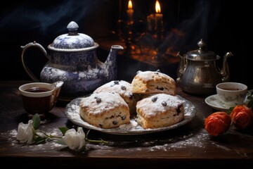 Obraz na płótnie Canvas scones with a dusting of icing sugar and a teapot nearby