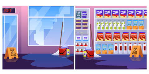 Supermarket with washed wet and slippery floor flat vector illustration.