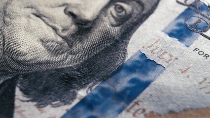 Macro texture banknotes shot close up 100 american dollar bills. Cash money banknotes. Franklin face texture, USD cash macro view.