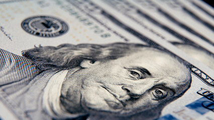 Macro texture banknotes shot close up 100 american dollar bills. Cash money banknotes. Franklin...