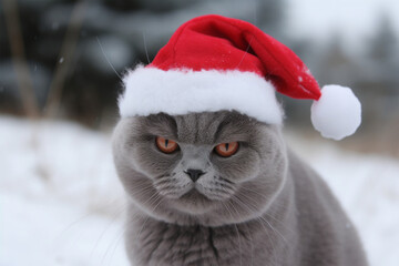 a cat wearing a christmas hat in winter