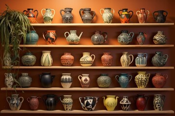 decorative hand-painted pottery arranged in a creative display