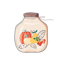 Homemade jars for preserving fruits and vegetables. Autumn harvest season. Autumn fruits and leaves. Abstraction. Vector illustration
