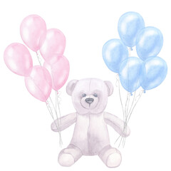 Teddy bear with blue pink balloons, for newborn girl boy. Hand drawn watercolor illustration isolated on white background. Gender reveal party, baby shower