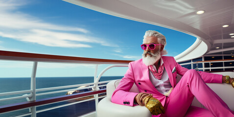 Fashion photo Portrait of a billionaire grandfather in a pink dress on a yacht. Rich man. Copy space.