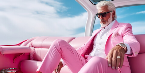 Fashion photo Portrait of a billionaire grandfather in a pink dress on a yacht. Rich man. Copy space.