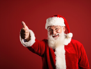 Fototapeta na wymiar Half body shot of Santa Claus shows a thumbs up isolated on red background