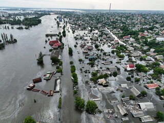 The flooded streets of the city of Kherson after the explosion of the dam of the Kakhovka...