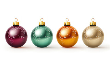 colorful varian christmas balls, collection of ornamentation on Xmas tree isolated white background
