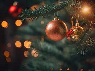 Close up of Christmas ornament balls on the Christmas tree