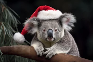 Fototapeten a koala wearing a christmas hat in winter © imur