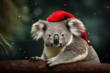 Keuken foto achterwand a koala wearing a christmas hat in winter © imur