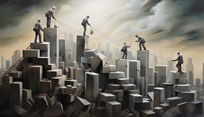 Illustration of workers overcoming challenges and obstacles in their respective fields