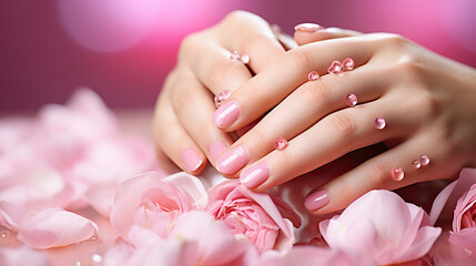 Fototapeta premium Manicure, Hands spa Beautiful woman hands, soft skin, Healthy Woman hands. Beauty salon. Beauty treatment. Female nails with beautiful french manicure. Generative AI