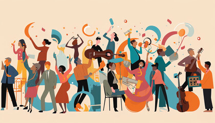 A music-themed illustration featuring diverse workers coming together to create a symphony of work