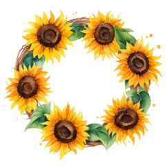 Watercolor Sunflower Wreath Frame illustration isolated on White Background. AI Generative