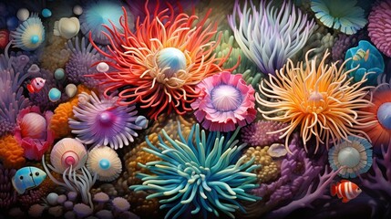  a painting of colorful sea anemones and other marine life.  generative ai