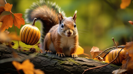 Squirrel and acorn on tree, Generative AI