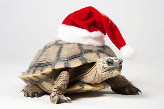 A Turtle Wearing A Christmas Hat In Winter