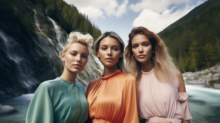 A breathtaking portrait of beautiful women standing in awe of nature's beauty, smiling in fashionable clothing, stunning swiss alps, with a majestic river, mountains, and waterfalls in the background