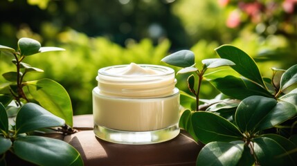 Obraz na płótnie Canvas Skin Care Cream Jar Among Green Leaves Mockup AI Generated