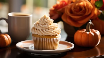 Delicious Pumpkin Pie Cupcake on a Beautiful Scene AI Generated