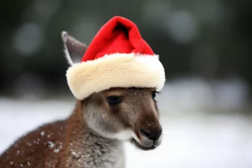 Fotobehang a kangaroo wearing a christmas hat in winter © imur