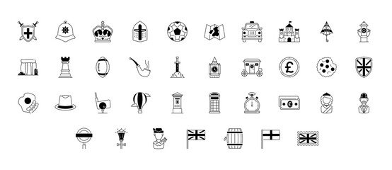 England icon set. Included the icons as British pound, United Kingdom, London taxi, queen, flag, and more.