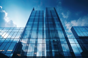 Bottom view of a modern glass skyscraper. Glass office building. The glass windows reflect the blue sky and the clouds.